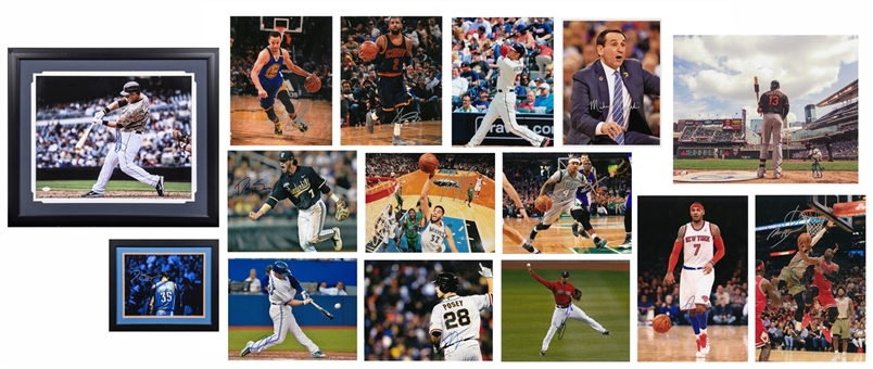 Lot of (15) Signed Baseball and Basketball Mix 16x20 Photos Including Kevin Durant Framed to 19x16, Anthony Rizzo Framed to 26.5x23, Steph Curry, Manny Machado, and Kyrie Irving (JSA)